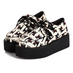 Cream Black Cats Cartoon Lace Up Platforms Creepers Oxfords Shoes
