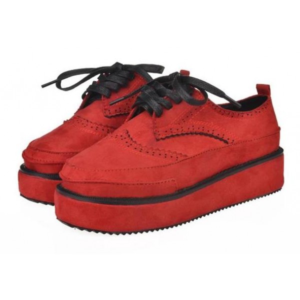 Red Suede Vintage Lace Up Platforms Creepers Oxfords Shoes