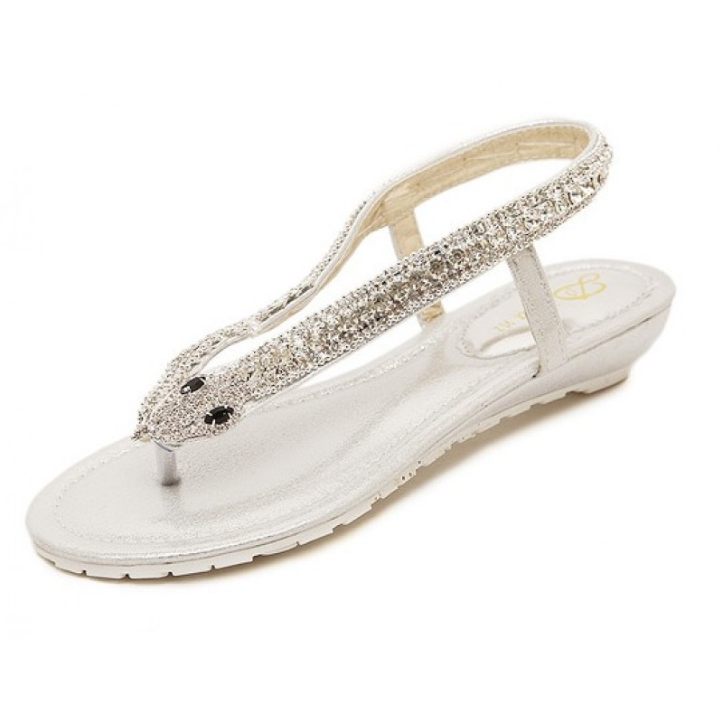 Silver Diamonte Snake Elegant Evening Flats Flip Flop Sandals