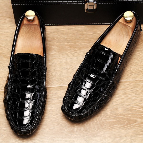 Black Glossy Patent Croc Mens Casual Loafers Flats Shoes