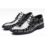 Black Silver Glossy Patent Flowers Lace Up Mens Oxfords Loafers Dress Business Shoes Flats