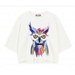 Black White Colorful Owl Cropped Short Sleeves Tops T Shirt