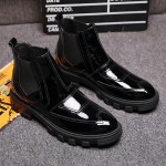 Black Patent Cleated Sole High Top Mens Ankle Chelsea Boots Shoes