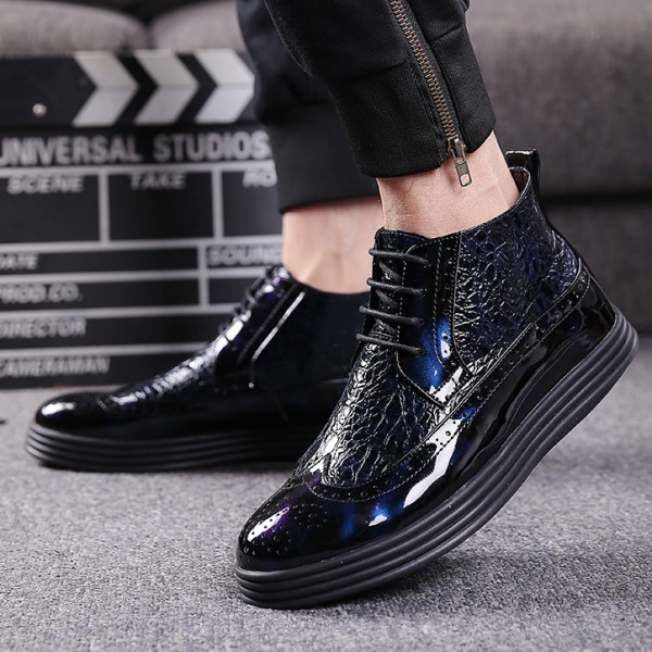Blue Patent Thick Sole Lace Up Mens Ankle Sneakers Boots Shoes