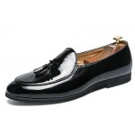 Black Patent Glossy Tassels Leather Prom Loafers Flats Dress Shoes