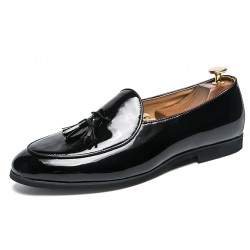 Black Patent Glossy Tassels Leather Prom Loafers Flats Dress Shoes