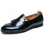 Blue Patent Glossy Tassels Leather Prom Loafers Flats Dress Shoes