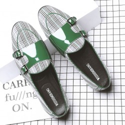 Green White Houndstooth Monk Straps Leather Loafers Flats Dress Shoes