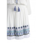 White Blue Embroidery Ethnic Bohemia Tassels Sequins Mid Sleeves Skirt Dress