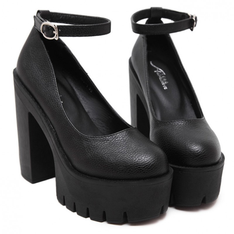 Black Chunky Cleated Platforms Sole Block High Heels Mary