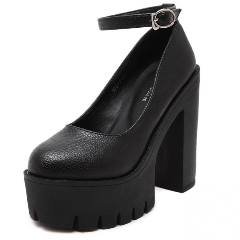Black Chunky Cleated Platforms Sole Block High Heels Mary