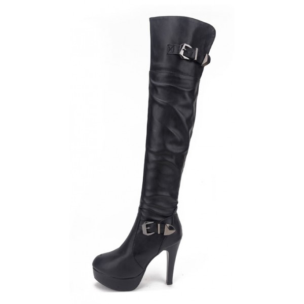Black Metal Buckle Platforms Stiletto High Heels Knee Long Boots Shoes