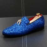 Blue Glitter Sparkle Gold Horn Mens Oxfords Loafers Dress Shoes Flats
