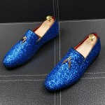 Blue Glitter Sparkle Gold Horn Mens Oxfords Loafers Dress Shoes Flats