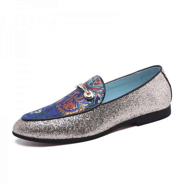 Blue Satin Glitters Flowers Horsebit Flats Loafers Dappermen Dress Shoes