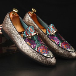 Purple Satin Glitters Flowers Horsebit Flats Loafers Dappermen Dress Shoes